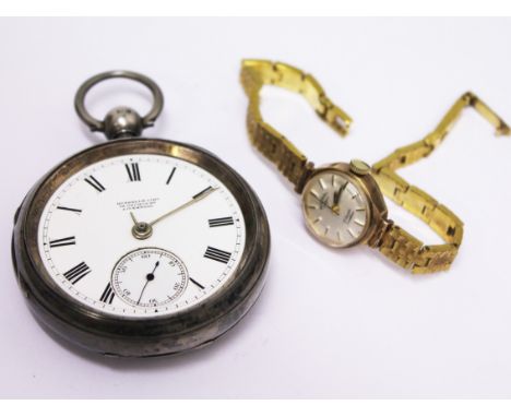 A silver pocket watch and a 9ct gold Rotary wristwatch with gold plated strap