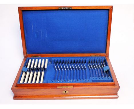 A mahogany canteen of silver plated cultery. Condition - one fork missing, no further damage etc. general wear.