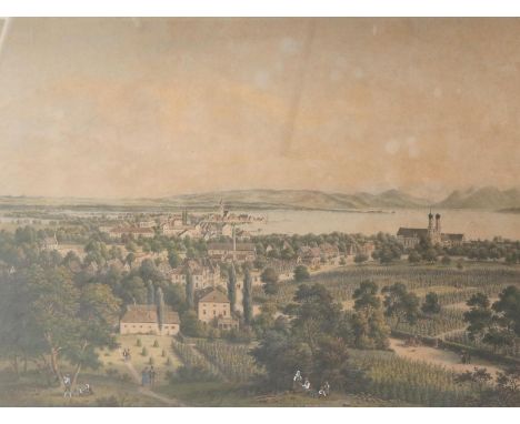 Friedrichshafen.: Gesamtansicht von Nordwesten mit rastenden Bauern im Vordergrund mittig u. dem Schloss rechts. Kolor. Litho
