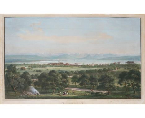 Friedrichshafen.: Gesamtansicht mit Kartoffelernte im Vordergrund mittig.  Kolor. Lithographie v. Eberhard Emminger (1808-188