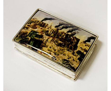 SILVER &amp; ENAMEL MILITARY SCENE PILL BOX