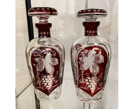 PAIR RUBY GLASS THISTLE DECANTERS 25CMS APPROX