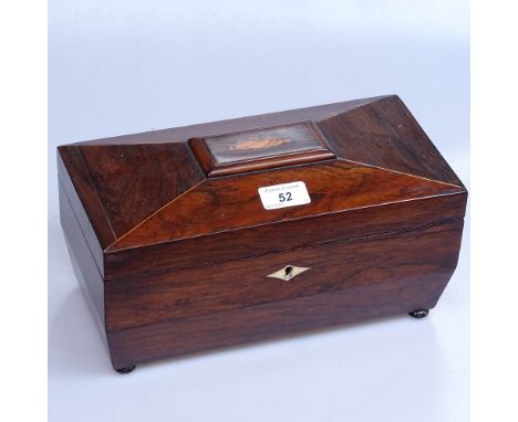 A 19th century rosewood sarcophagus tea caddy with inlaid shell motif 