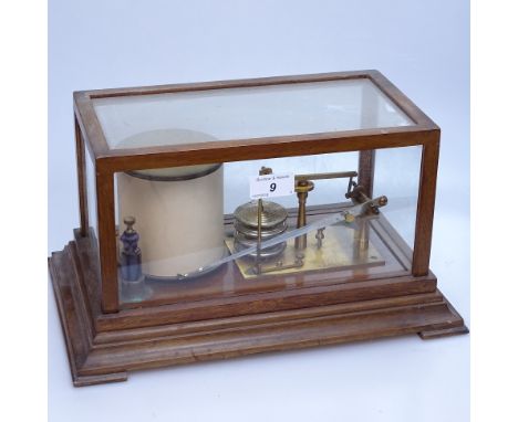 Vintage brass-mounted barograph in mahogany display case, length 15.5" 