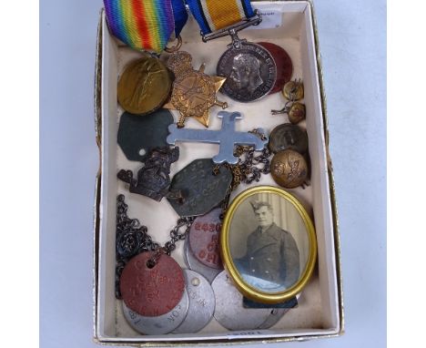 3 First World War medals to 35366 Corporal R E Opie, Royal Engineers, dog tags etc 