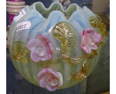 Vintage vaseline glass bowl, with applied blossom decoration, height 5.25" 