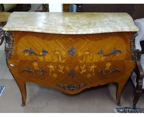 A Continental marble-top walnut and kingwood bombe commode, with floral inlaid marquetry decoration, 2 long drawers and appli