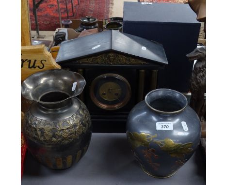 2 embossed metal pots, and a slate mantel clock, height 11" 
