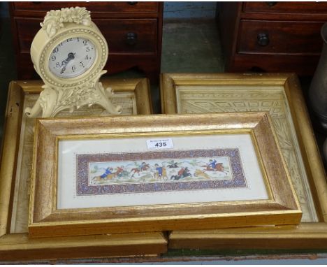 A pair of framed 3-dimensional pictures, Court scenes, height 13.5" overall, a small clock, and an Eastern hunting scene 