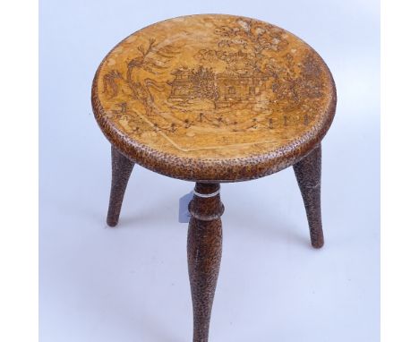 A pokerwork stool, height 11.75", a wall mounted bracket, 2-train oak mantel clock, letter rack, bookends etc 