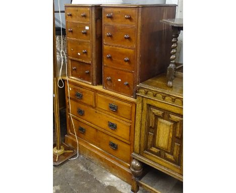 A pair of Victorian mahogany 4-drawer chests of narrow size, an Art Nouveau satin walnut 5-drawer chest, and an Art Deco stan
