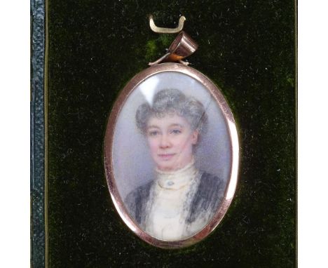 A cased 19th century miniature watercolour portrait of a lady, height 1.75" 