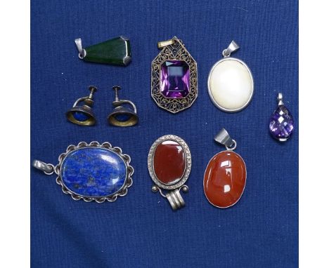 9 various malachite amethyst agate and marine ivory mounted pendants 