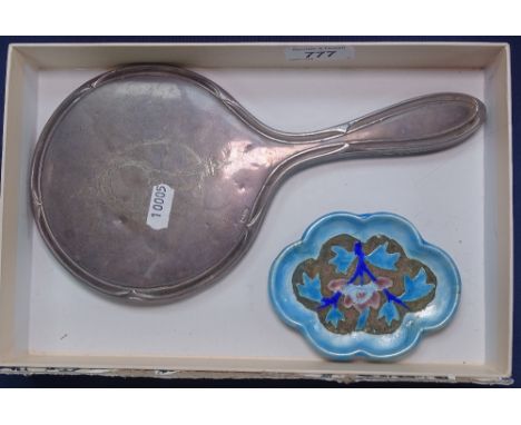 A silver hand mirror, Chester 1926, and a Chinese silver and blue enamel dish 