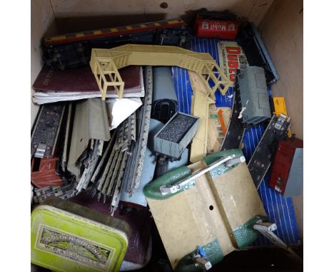 Vintage Hornby OO model railway items, including metal bridge and level crossing 