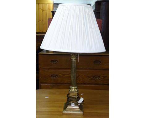 A brass Corinthian column table lamp and shade, height to top of shade 67cm 