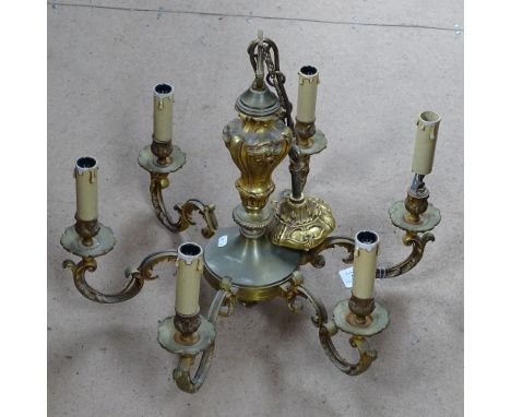 Vintage gilt-brass 6-branch chandelier, 19.5" diameter 
