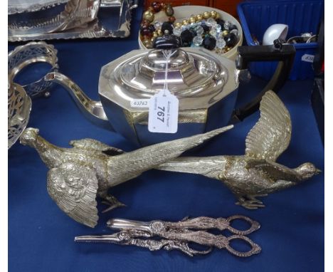 A silver plated teapot, and a pair of table pheasants, and 2 pairs of grape scissors 