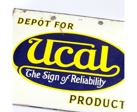 A Vintage enamel sign advertising Ucal Products, 22" across 