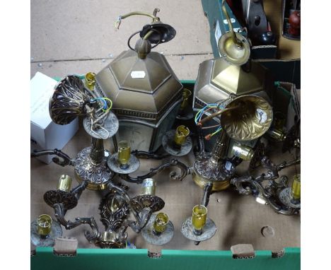 A pair of brass lanterns, and a pair of ceiling light fittings 