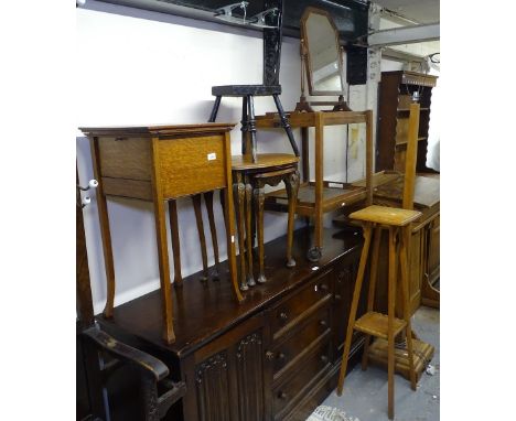 An Edwardian oak sewing table, a walnut nest of 3 tables, a folding tea trolley, a spinning stool, a standard lamp etc 