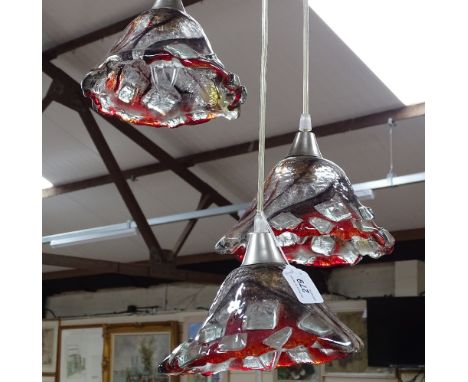 Unusual 3-branch hanging light fitting, with ornate moulded red and clear glass shades, each 7.5" across 