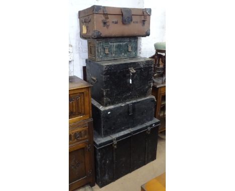 2 Antique steel-bound pine trunks, 2 Vintage metal trunks, and a suitcase (5) 