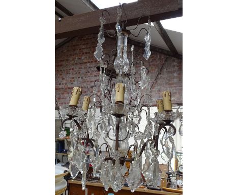 Vintage 6-branch chandelier with large lustre drops, height 28" approx 