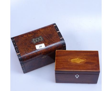 Edwardian mahogany tea caddy with inlaid shell motif, length 7.25", and a larger burrwood tea caddy 