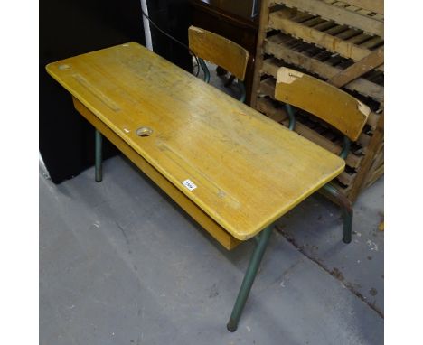 A Vintage double child's school desk, W110cm 