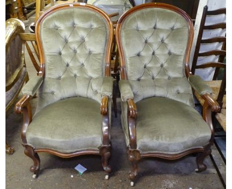 A pair of Victorian button-back upholstered open armchairs, mahogany show-wood 