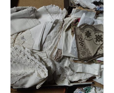 3 boxes of Vintage embroidered table linen, lacework items etc 