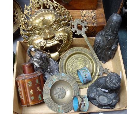 A tray of Oriental items, including a metal sage, tea caddy, Buddha, height 6" etc 