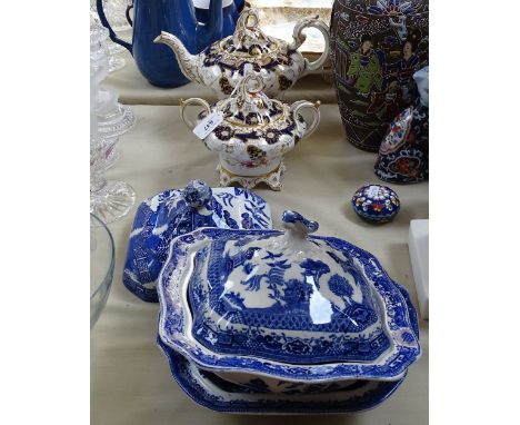 A Victorian Staffordshire porcelain teapot and matching sucrier, and Staffordshire Willow pattern tureens 