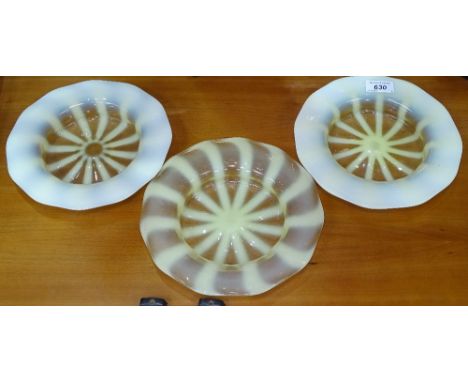 3 Vintage vaseline glass dishes with sunburst design, 8.5" 