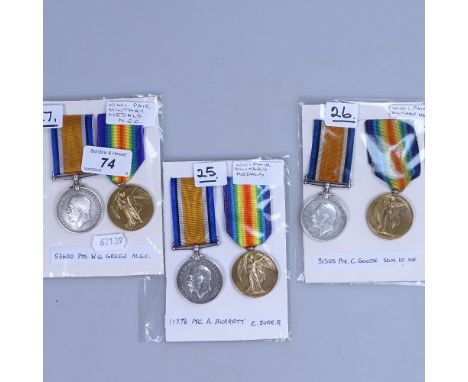 A pair of First World war medals to 53600 Pte W G Green, MGC, 11376 Pte A Burrett, East Surrey Regiment, and another pair of 