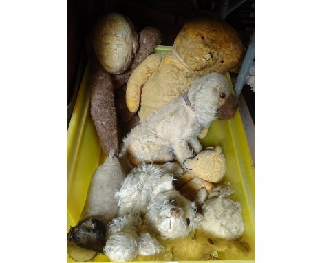 A box of Vintage soft toys, including a monkey, a Terrier nightdress case etc 