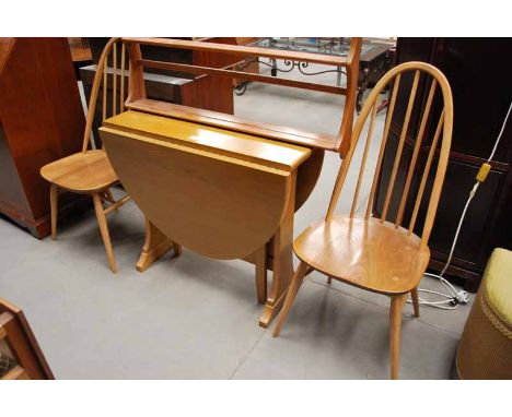 PAIR OF ERCOL STICK BACK DINING CHAIRS, ERCOL WALL RACK &amp; DROP LEAF TABLE 