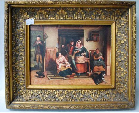 English School, Family Group in a Cottage Interior with Cat and Dogs, unsigned oil on panel in heavy gilt frame, 29cm by 39cm