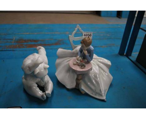 NAO 1355 GIRL SITTING AT TABLE WITH KITTEN &amp; GERMAN PORCELAIN SEATED POLAR BEAR 