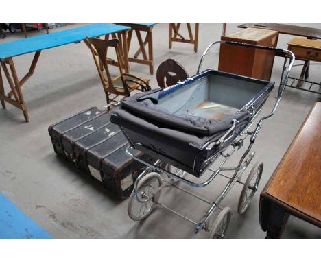 VINTAGE SILVER CROSS FULL SIZE PRAM &amp; A CABIN TRUNK, WOODEN BOUND 