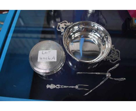 SILVER 2-HANDLED SMALL CIRCULAR BOWL, SUGAR NIPS, COMPACT &amp; 800 MARKED PICKLE FORK, 5.4OZ GROSS 