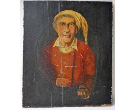Manner of John Collier of Rochdale, (alias Tim Bobbin) half length portrait of a gentleman in night cap, oil on panel, 36cm b