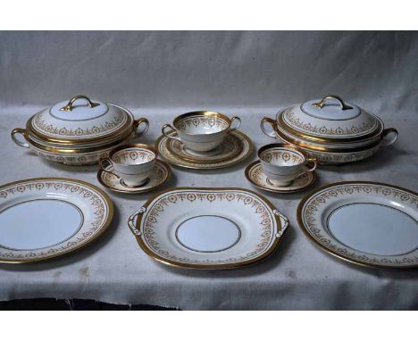 An extensive Aynsley Bone China Dinner and Tea Service, Gold Dowery pattern, gilt on ivory, number 7892, fifty-seven pieces i