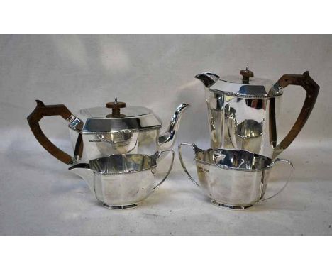 A George VI four-piece Art Deco silver Teaset by Stower and Wragg Ltd., Sheffield, 1936, classic Art Deco styling with flush 