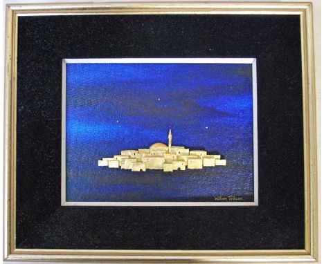 William Tolliday for Garrard, a modern mixed media framed panel depicting a Middle Eastern Town at night in yellow metal reli