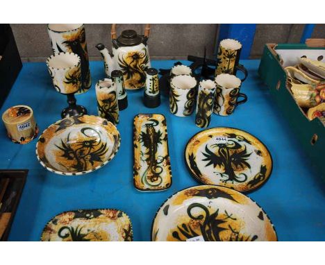 17PCS OF STUDIO POTTERY TABLE WARE BY CELTIC POTTERY NEWLYN, SPONGE DECORATED WITH STYLISED PHOENIX 