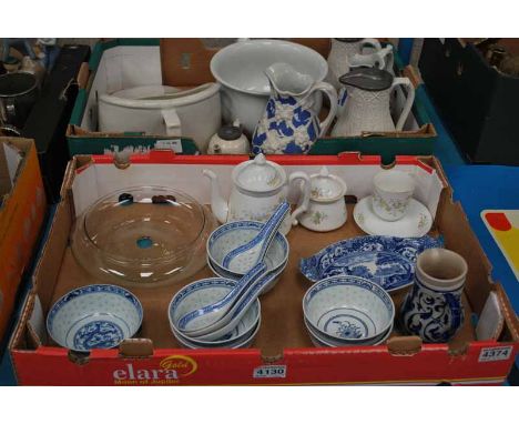 2 BOXES OF MIXED CERAMICS INC 2 WINE JUGS, 2 PEWTER LIDDED WATER JUGS, SMALL TEAPOT &amp; BED PANS (7) 