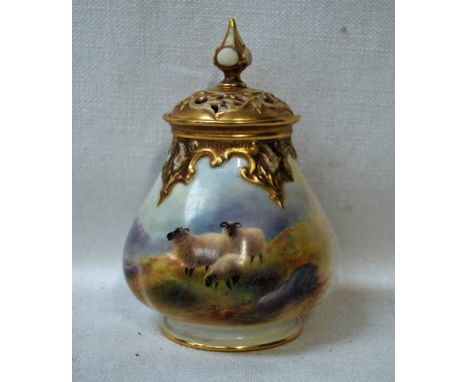 An early to mid-20th century Royal Worcester Pot Pourri with pierced cover, the quatre lobed body painted with three sheep in