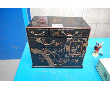 CHINESE BLACK LACQUERED TRINKET CABINET WITH BRASS HANDLES &amp; CARRY HANDLES AND HAND PAINTED WITH PRUNUS BLOSSOM 